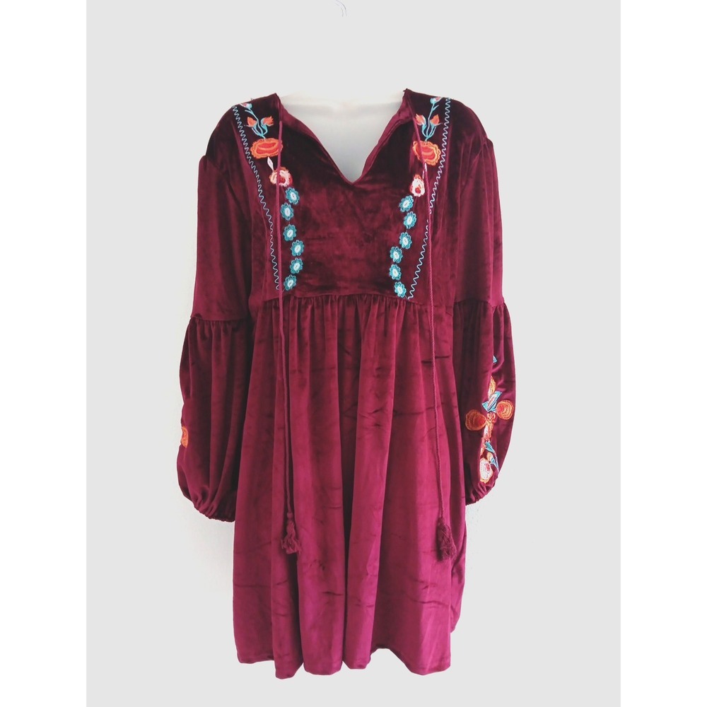 NWT Aofur Velvet Dress Womens Plus 2XL Red Embroidered Boho Popover Peasant Chic